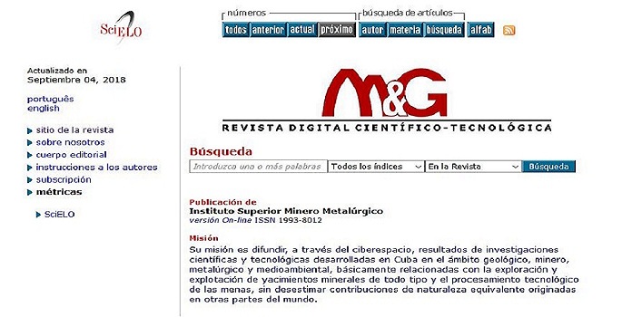 La Revista Minería y Geología ya es visible en el Portal Scielo-Cuba